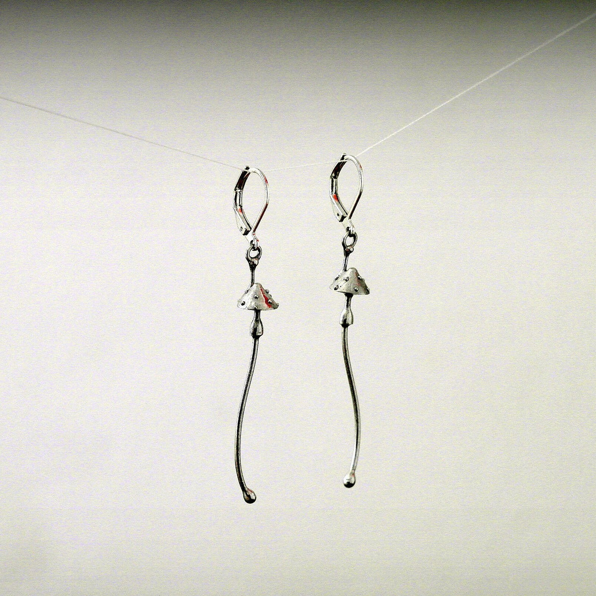 Silver Amanita Mushroom Earrings – Long Copper & Pewter Forest Dangles – Witchy Botanical