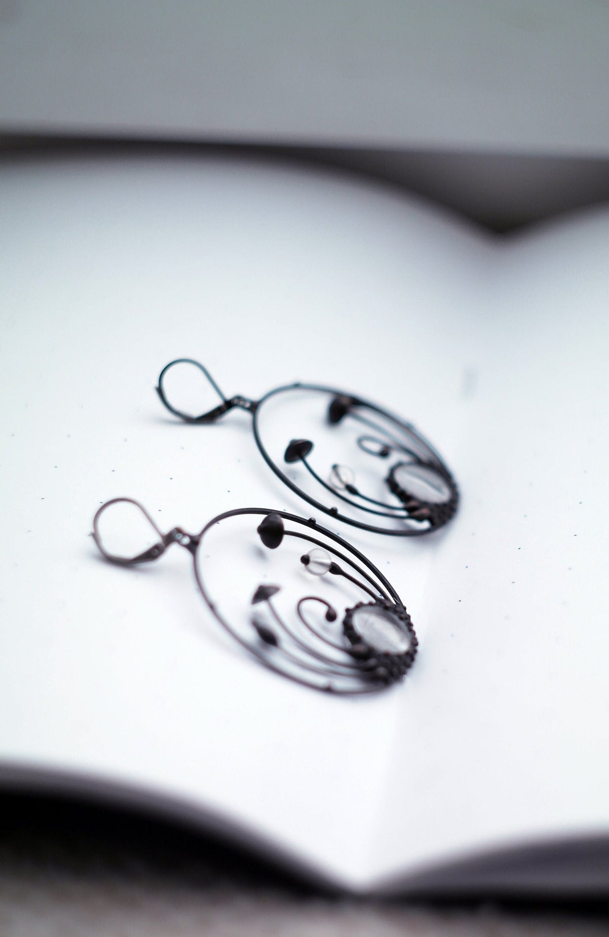 Clear Glass Mushroom Hoop Earrings – Blackened Copper & Pewter Forest – Botanical