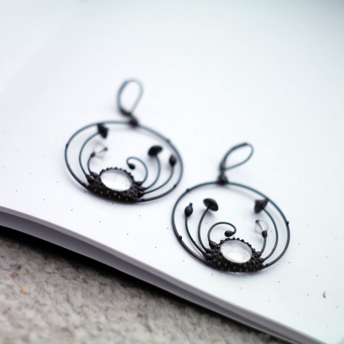 Clear Glass Mushroom Hoop Earrings – Blackened Copper & Pewter Forest – Botanical