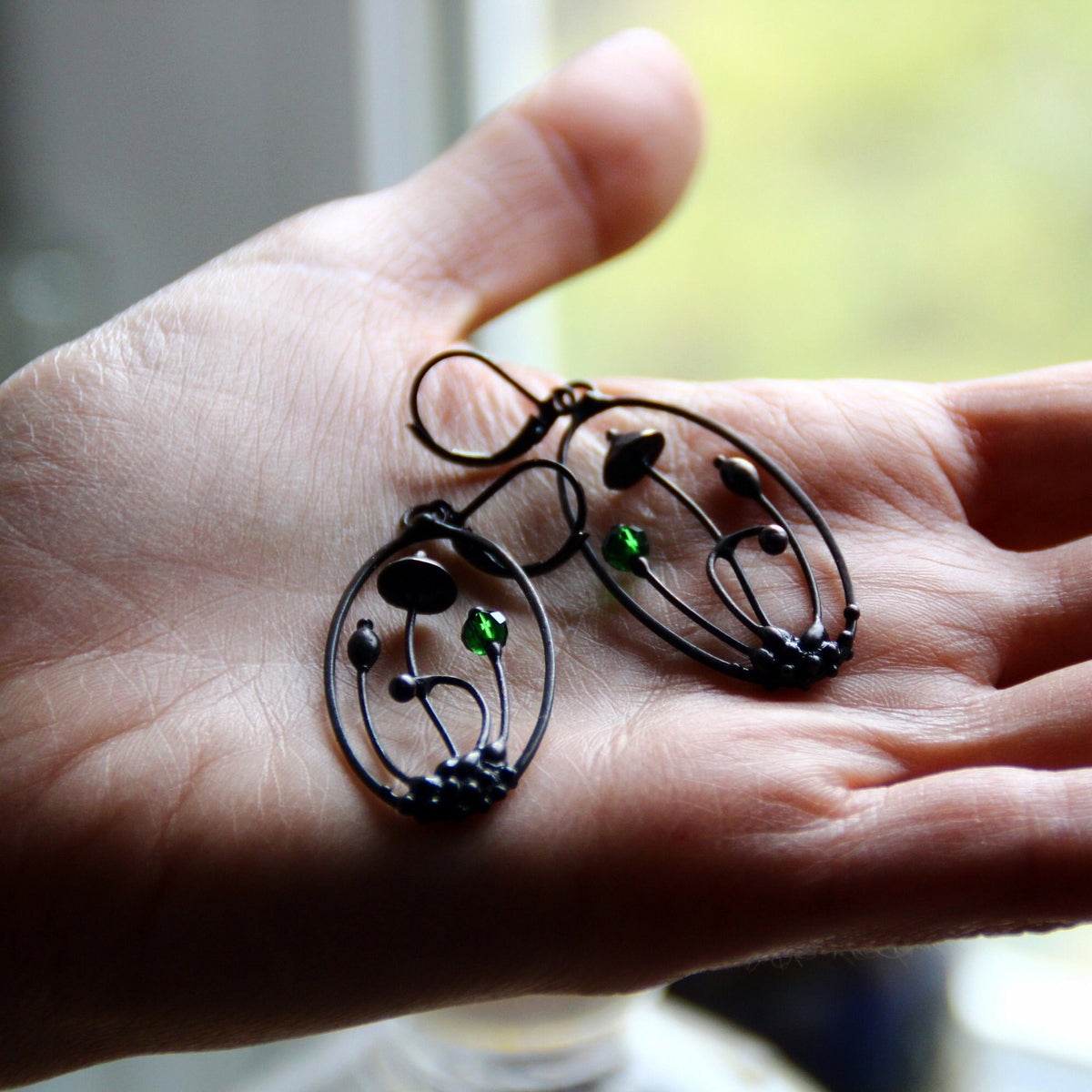 Yellow Glass Mushroom Earrings – Blackened Copper