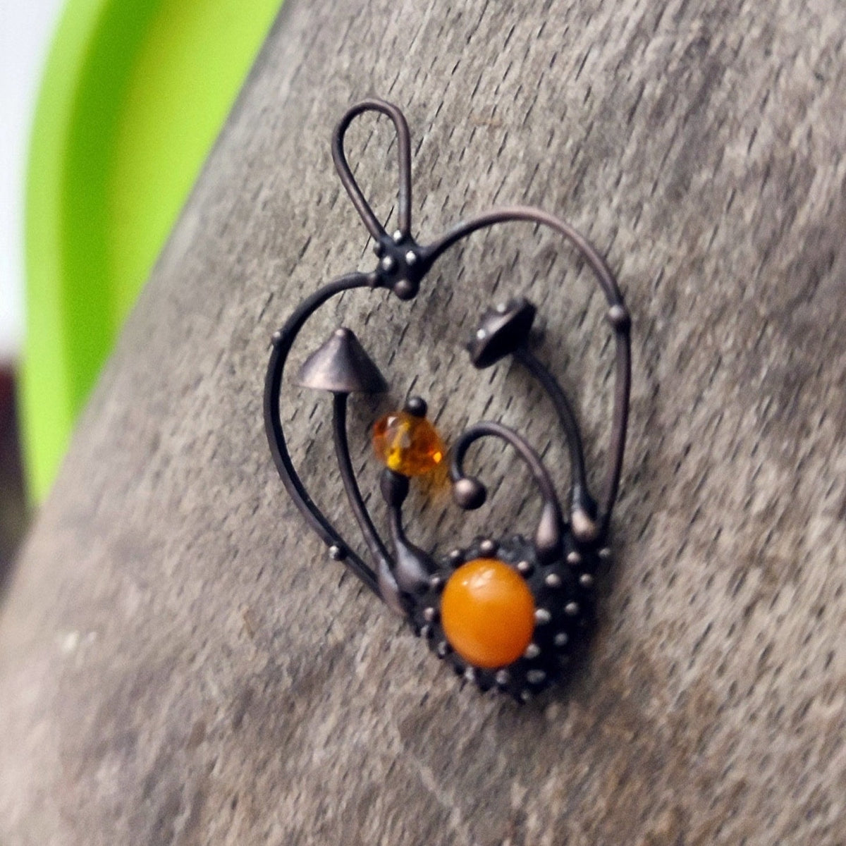 Orange Glass Mushroom Necklace – Blackened Copper