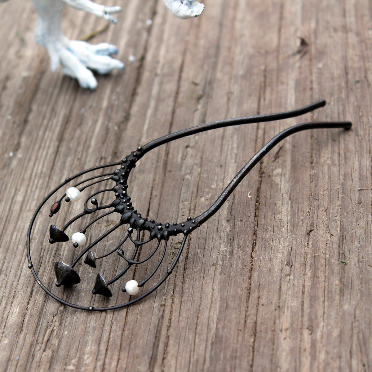 Pearl Mushroom Hair Pin – Blackened Copper