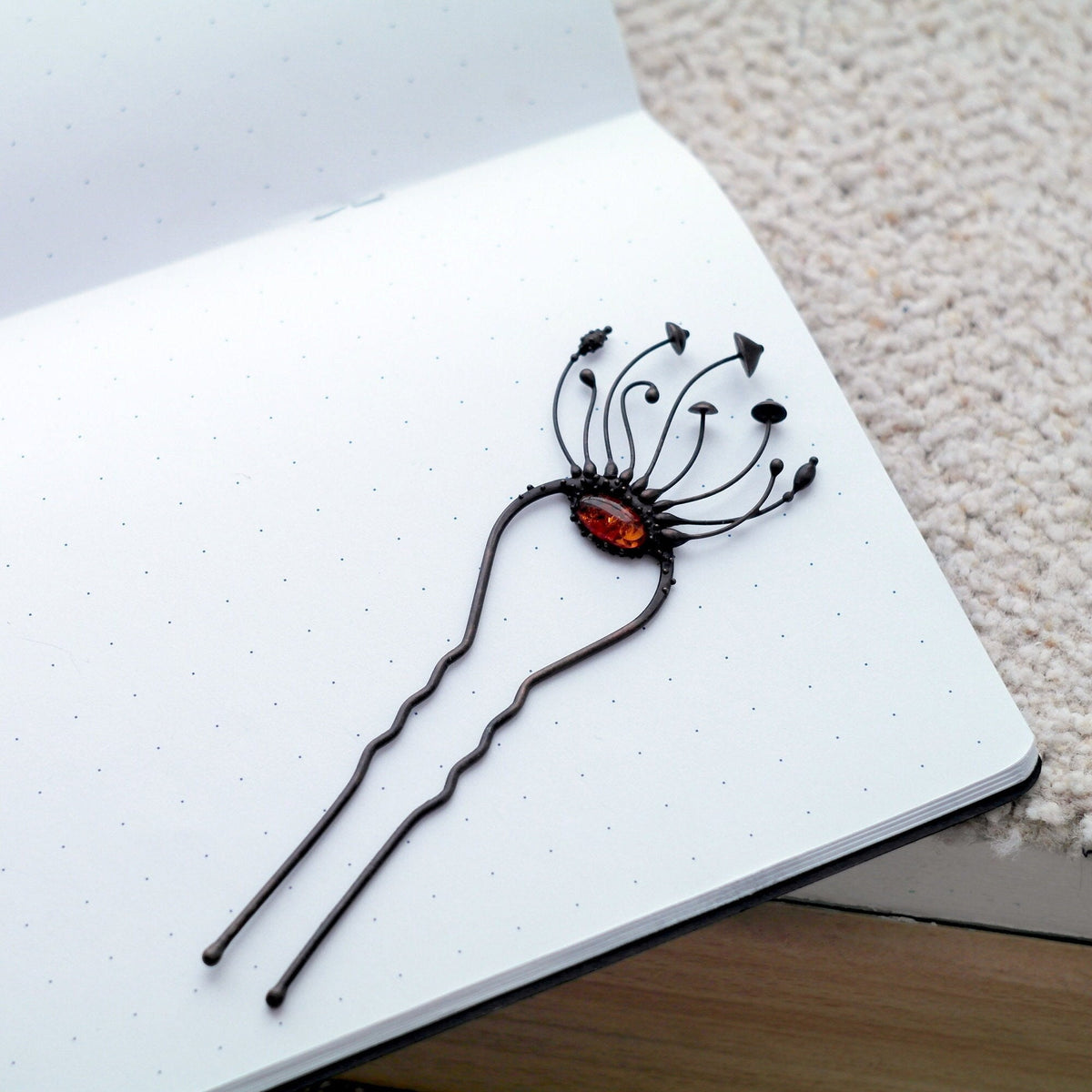 Amber Mushroom Hair Pin – Blackened Copper