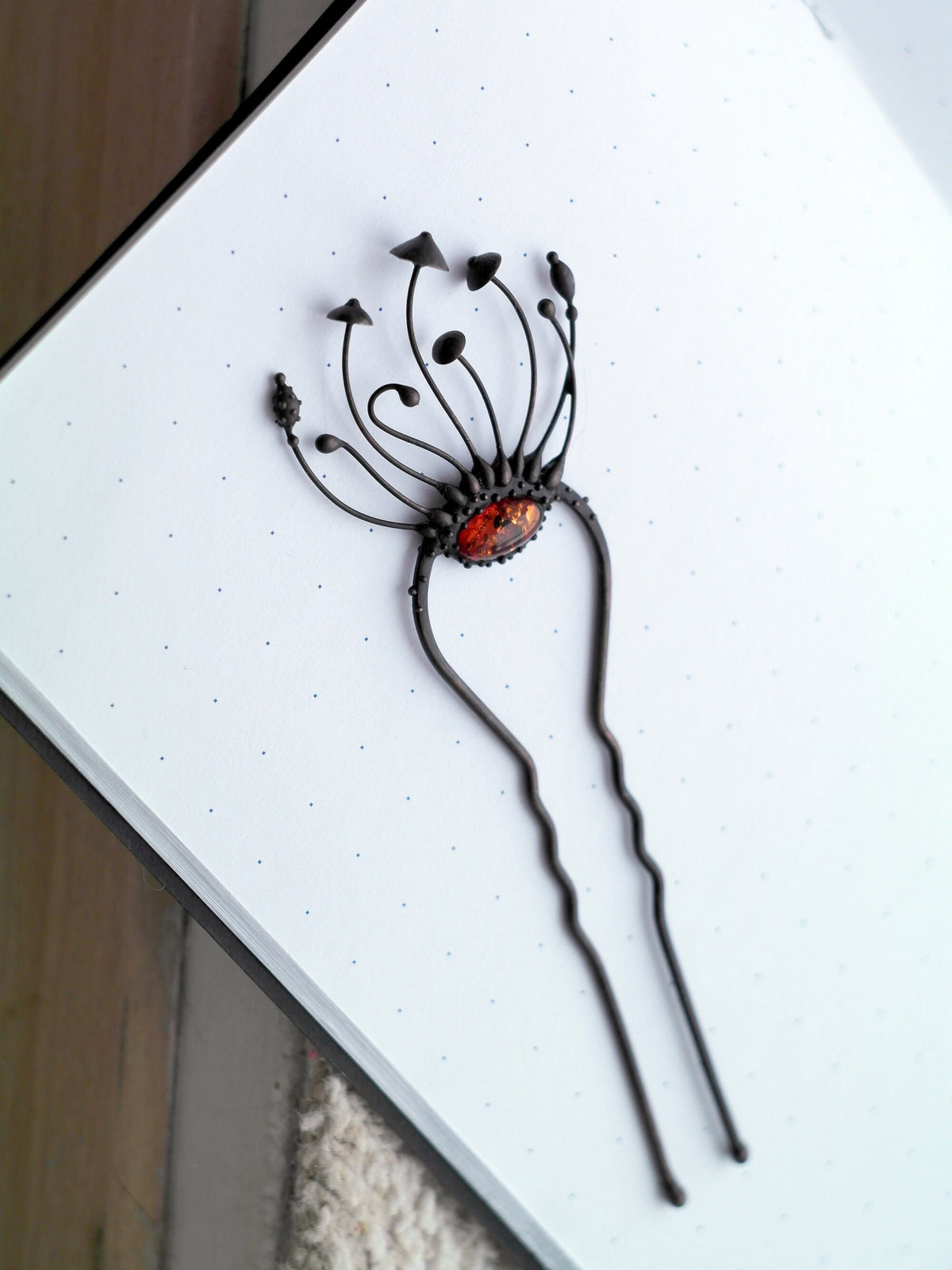 Amber Mushroom Hair Pin – Blackened Copper