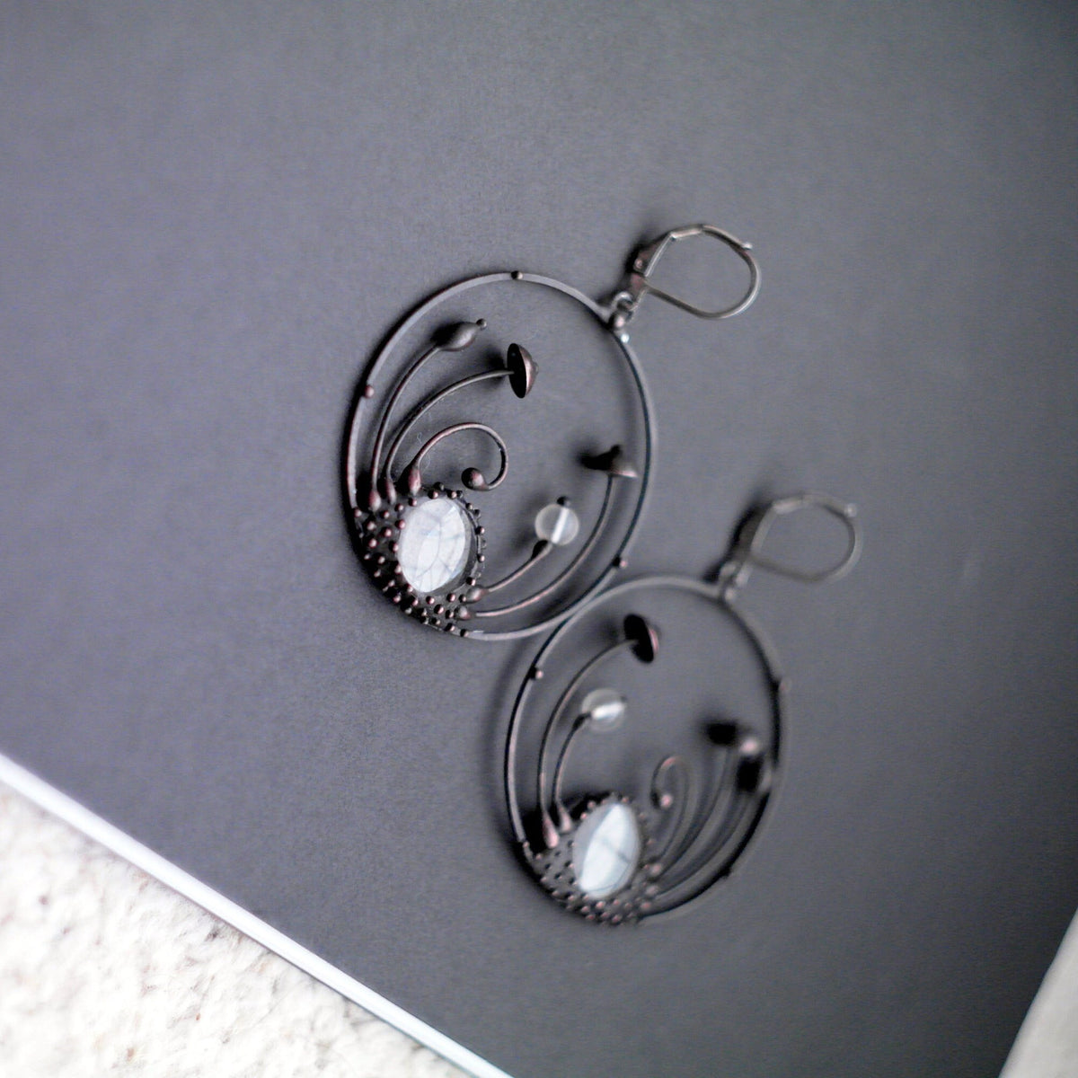 Clear Glass Mushroom Hoop Earrings – Blackened Copper & Pewter Forest – Botanical