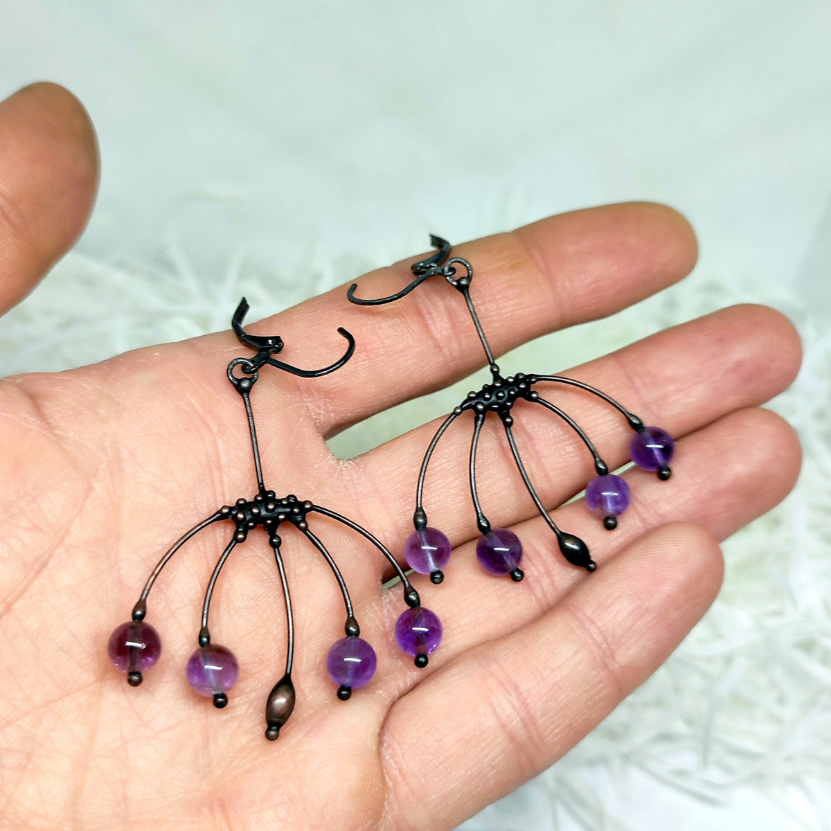 Purple Glass Botanical Earrings – Blackened Copper
