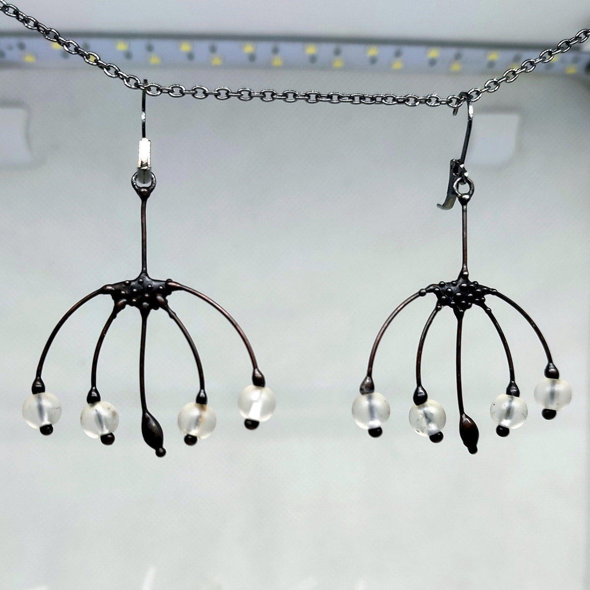 Clear Glass Flower Earrings – Blackened Copper Botanical Dangles – Boho