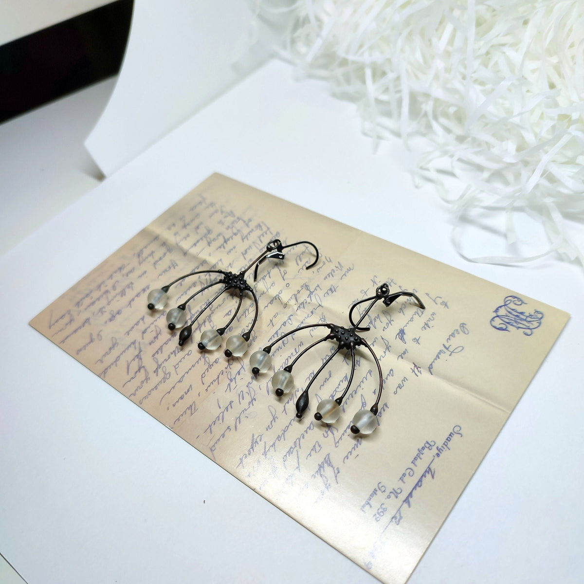 Clear Glass Flower Earrings – Blackened Copper Botanical Dangles – Boho