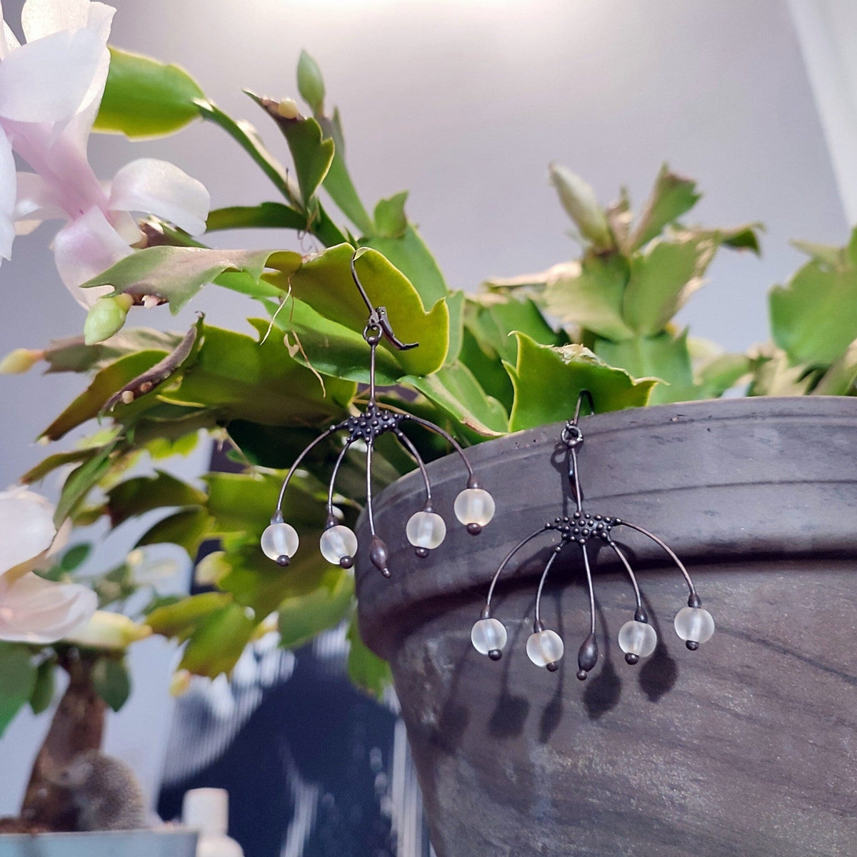 Clear Glass Flower Earrings – Blackened Copper Botanical Dangles – Boho