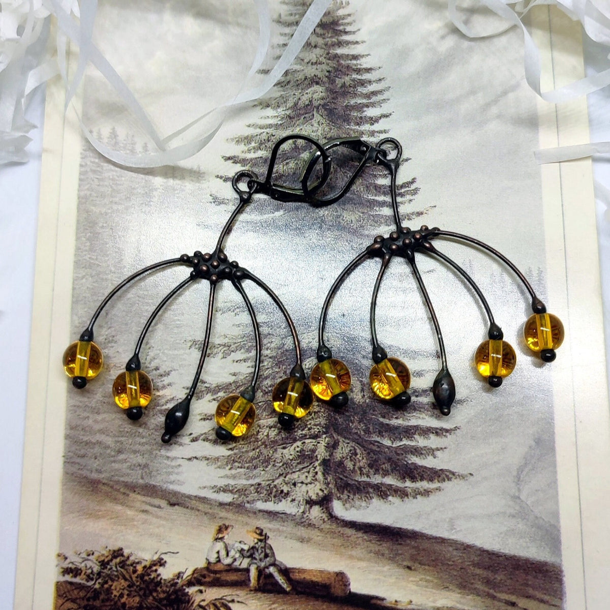 Yellow Glass Flower Earrings – Blackened Copper Botanical Dangles – Boho Forest