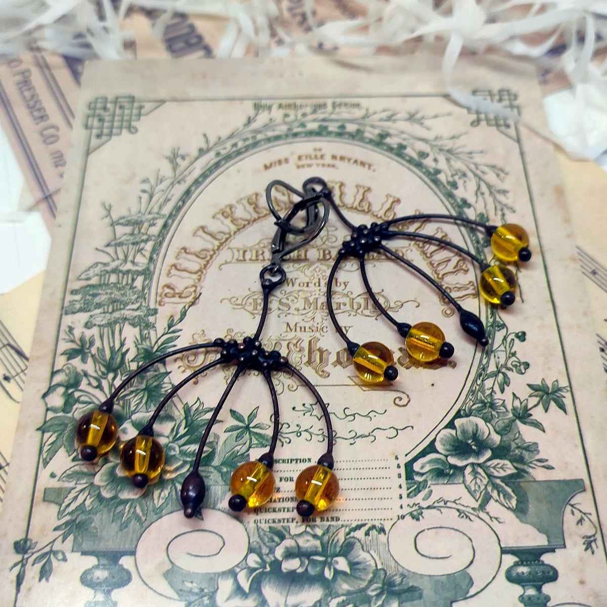 Yellow Glass Flower Earrings – Blackened Copper Botanical Dangles – Boho Forest