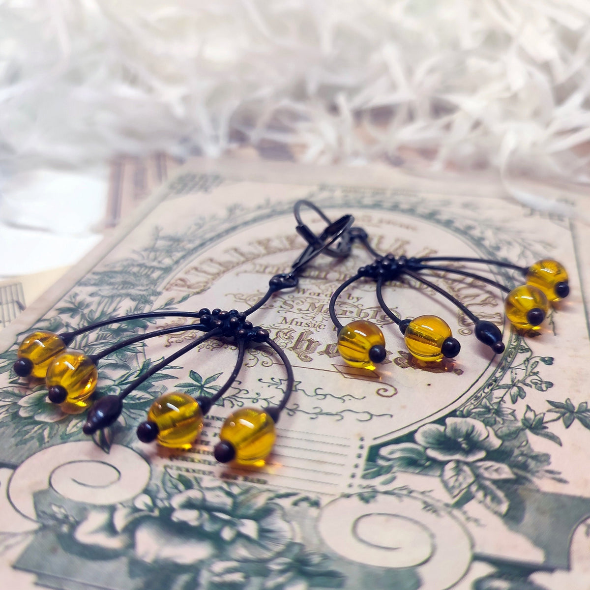 Yellow Glass Flower Earrings – Blackened Copper Botanical Dangles – Boho Forest