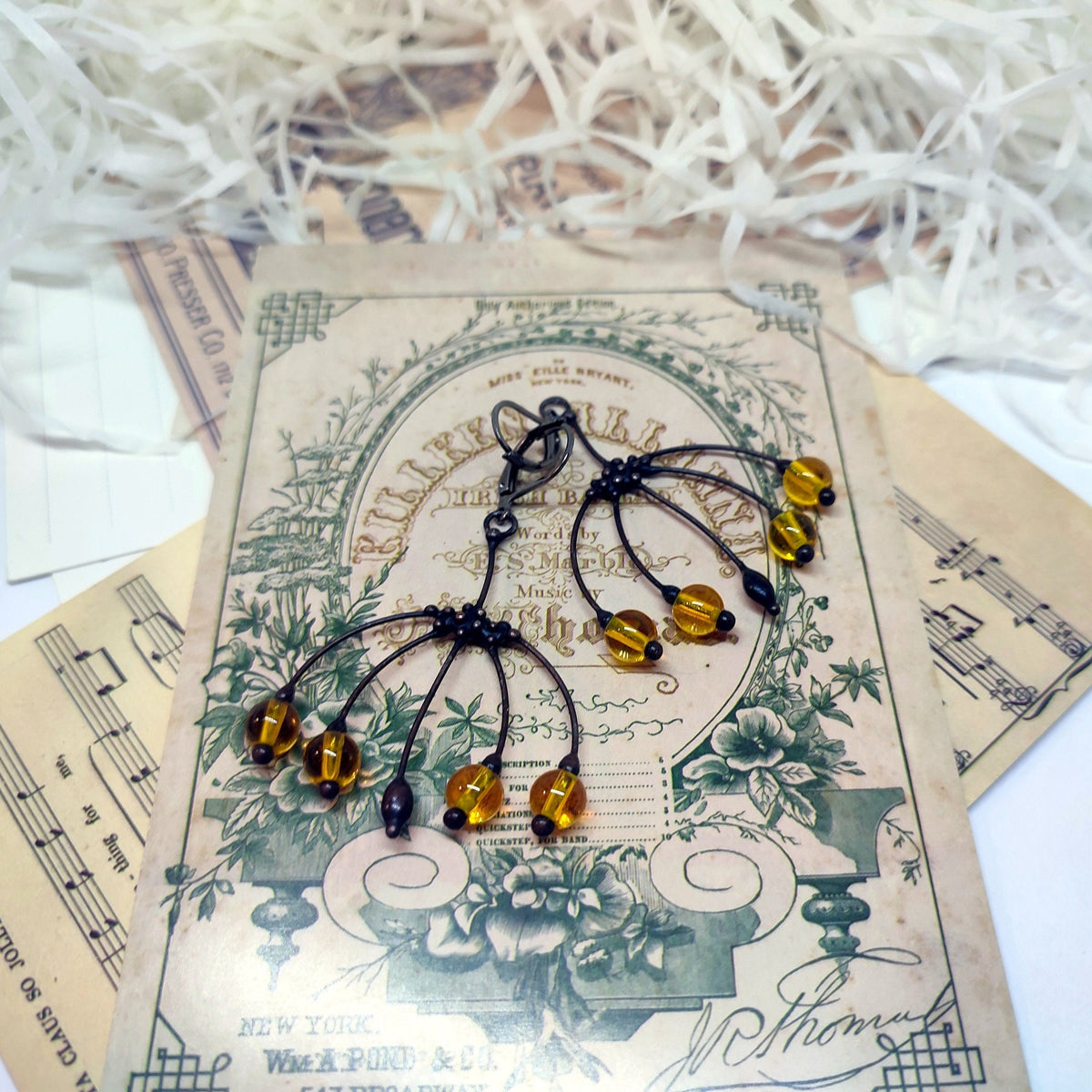 Yellow Glass Flower Earrings – Blackened Copper Botanical Dangles – Boho Forest