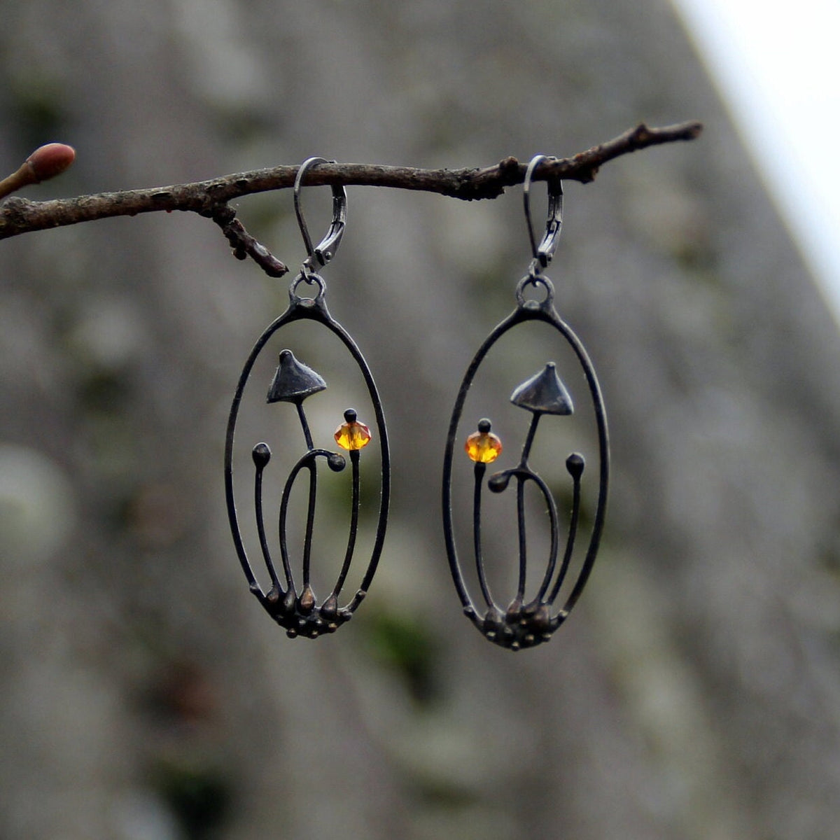 Yellow Glass Mushroom Earrings – Blackened Copper