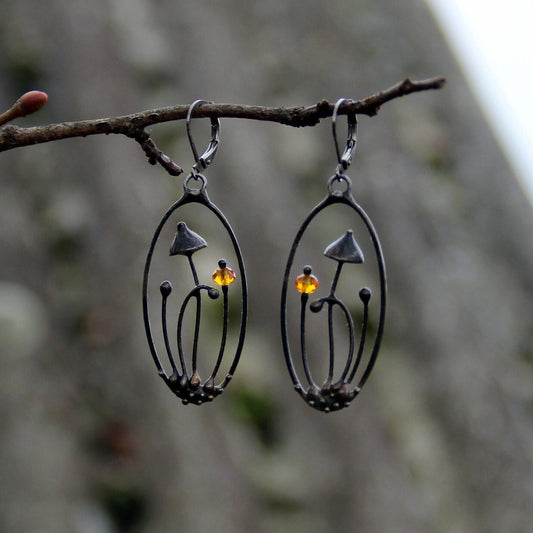 Yellow Glass Mushroom Earrings – Blackened Copper