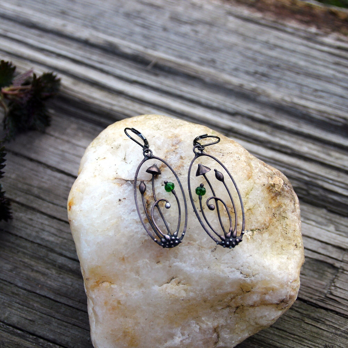 Yellow Glass Mushroom Earrings – Blackened Copper