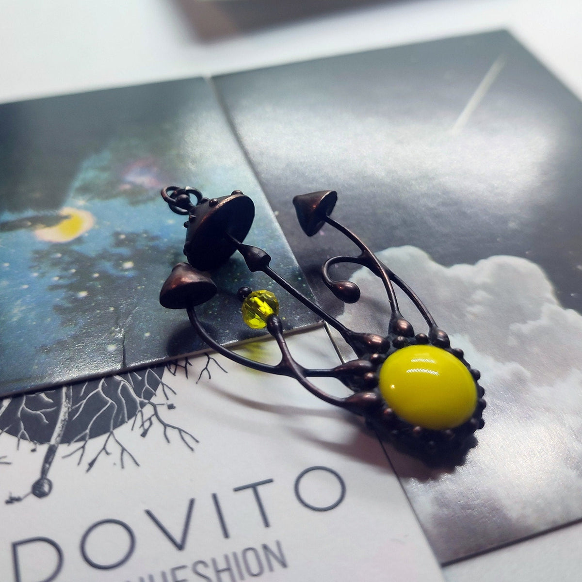 Yellow Glass Amanita Mushroom Necklace – Blackened Copper