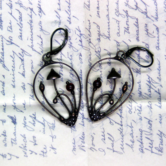Deep Red Glass Mushroom Teardrop Earrings – Blackened Copper