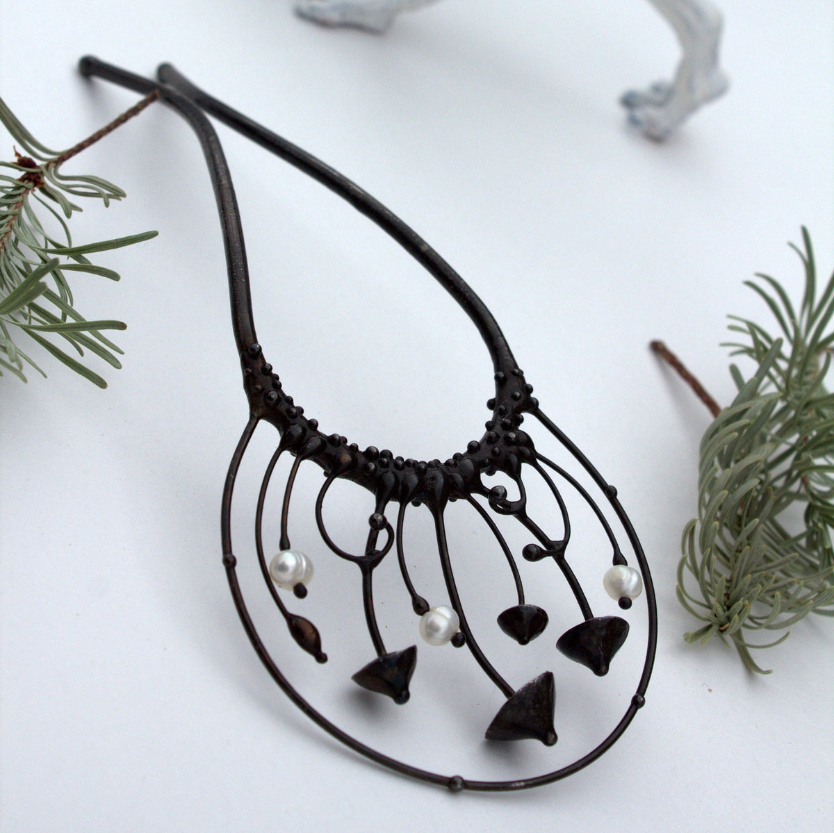 Pearl Mushroom Hair Pin – Blackened Copper