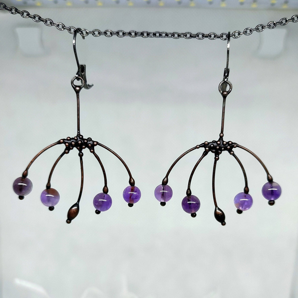 Purple Glass Botanical Earrings – Blackened Copper