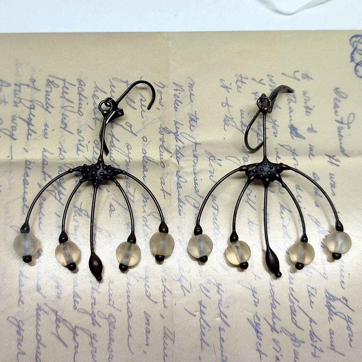 Clear Glass Flower Earrings – Blackened Copper Botanical Dangles – Boho