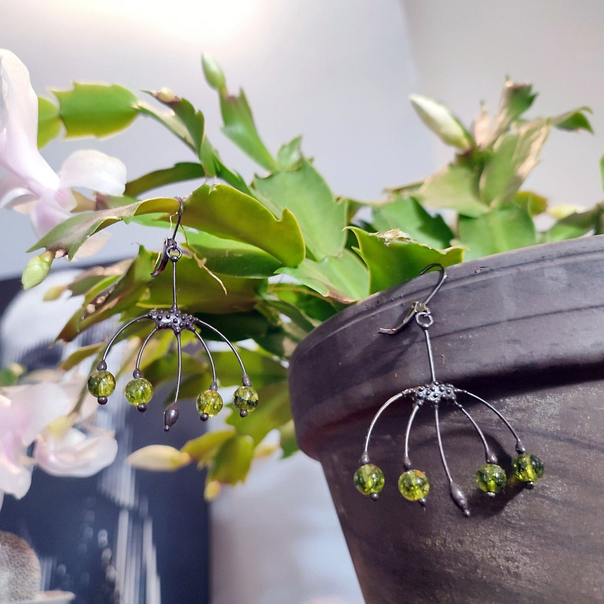 Green Glass Berry Earrings – Blackened Copper