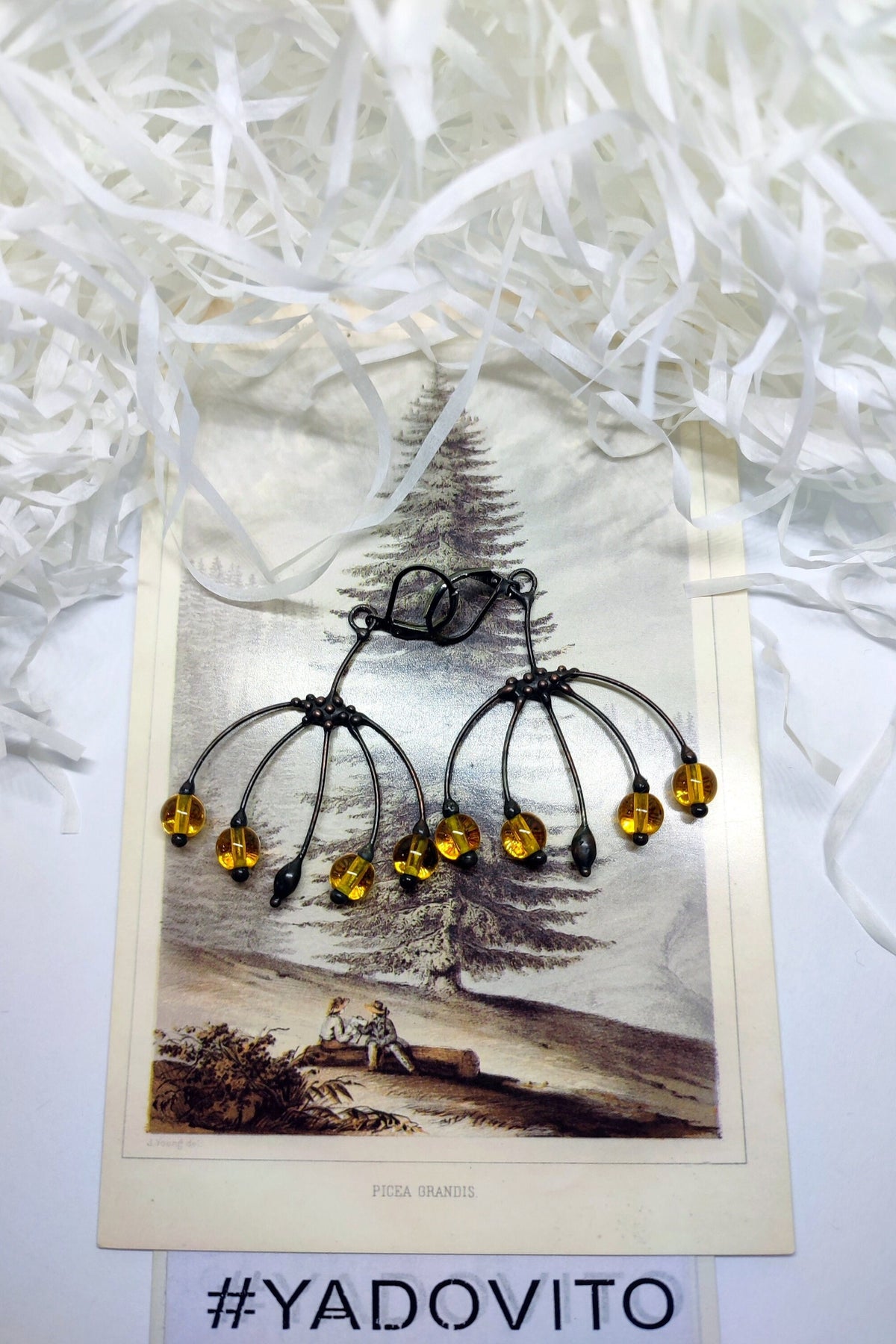 Yellow Glass Flower Earrings – Blackened Copper Botanical Dangles – Boho Forest
