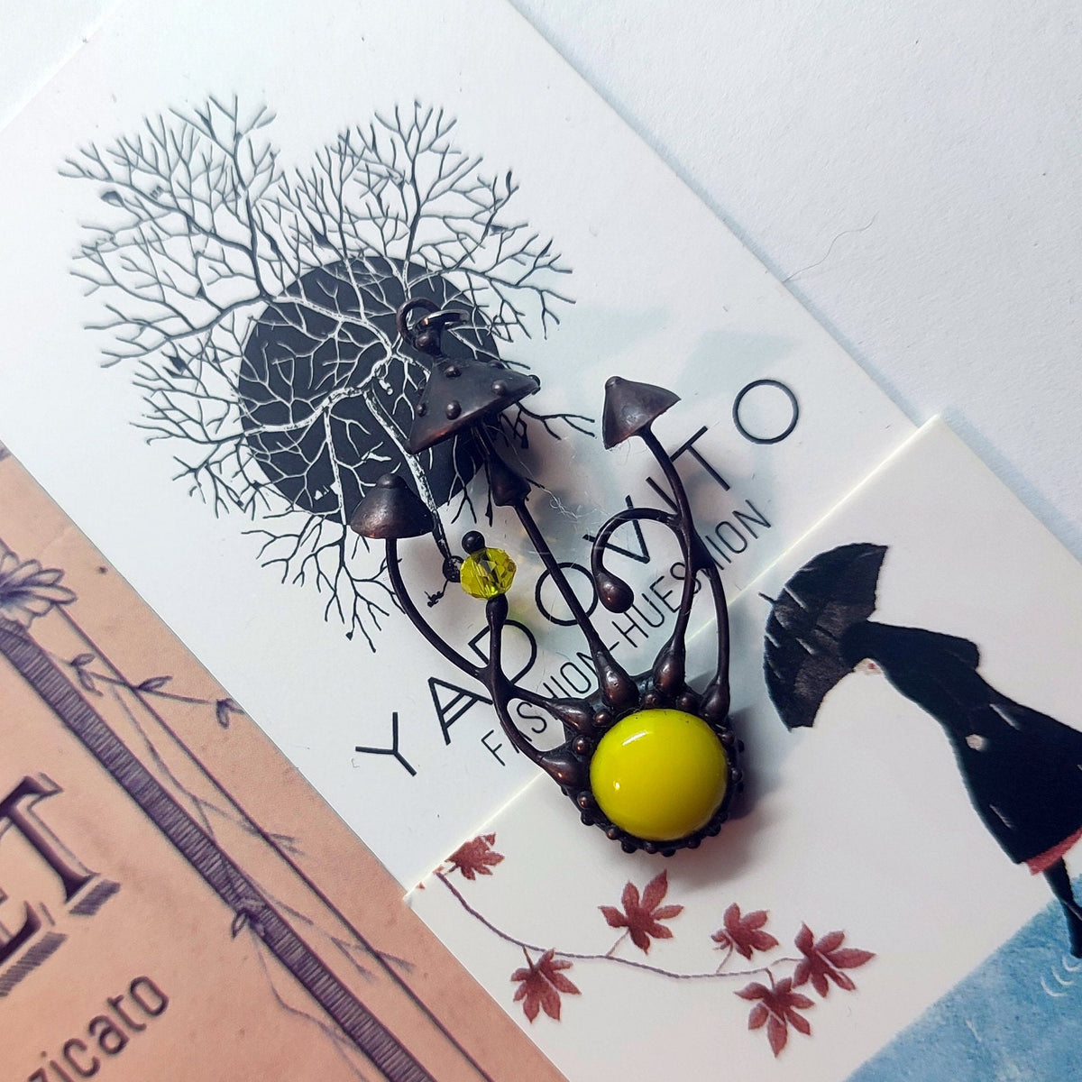 Yellow Glass Amanita Mushroom Necklace – Blackened Copper