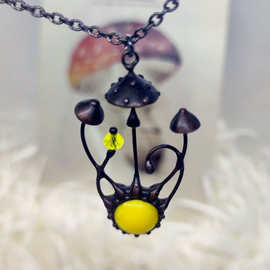 Yellow Glass Amanita Mushroom Necklace – Blackened Copper