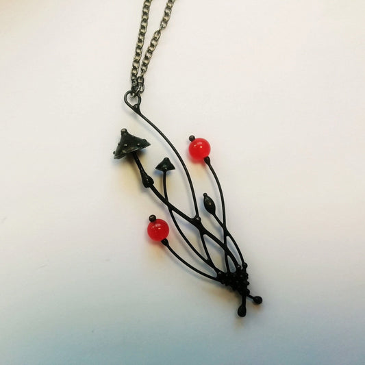 Red Glass Amanita Mushroom Necklace – Blackened Copper Forest Pendant – Botanical