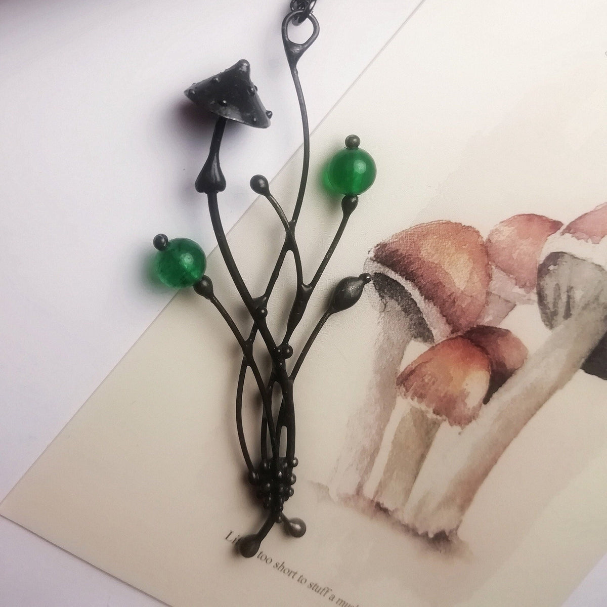 Green Glass Mushroom Pendant Necklace – Blackened Copper Forest – Botanical