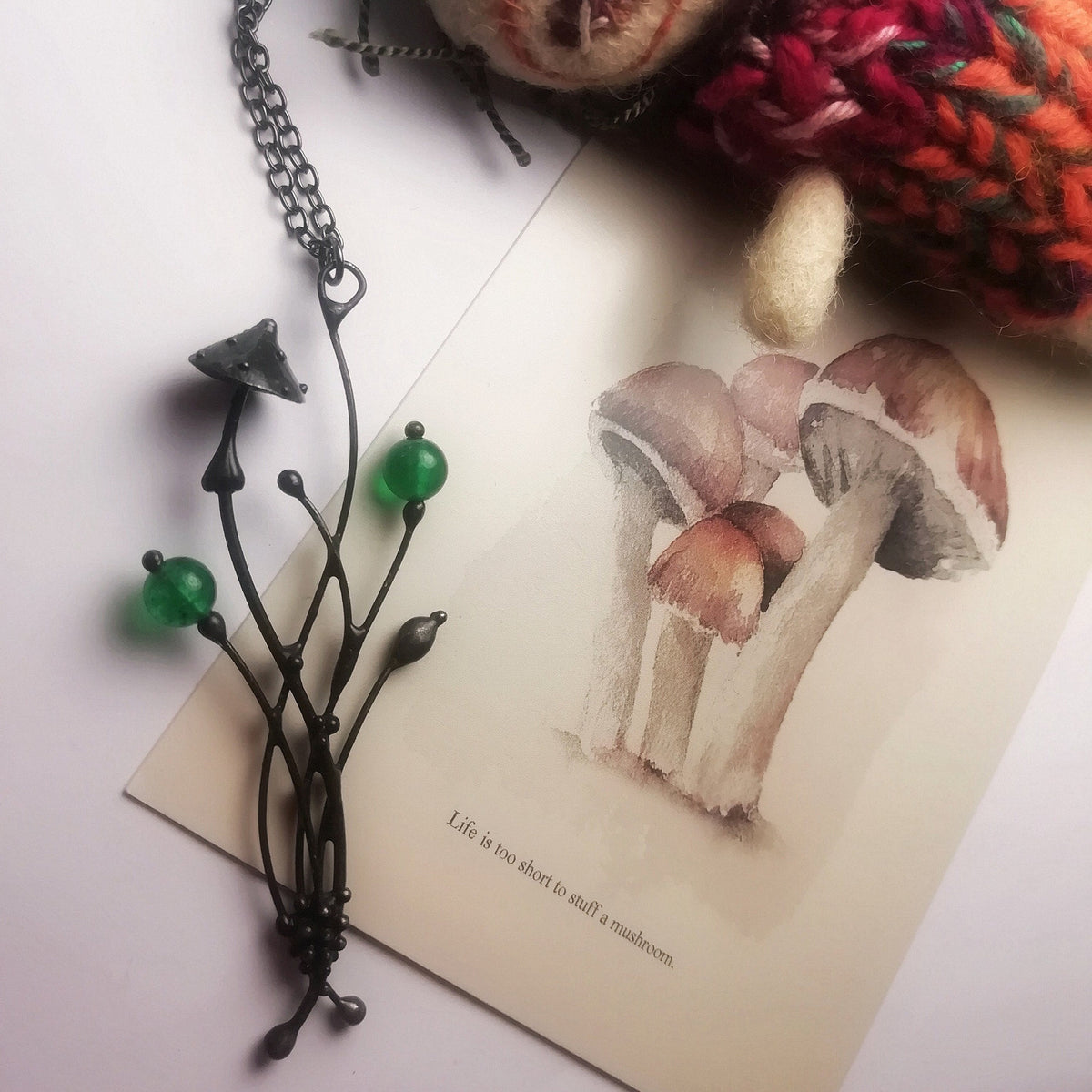 Green Glass Mushroom Pendant Necklace – Blackened Copper Forest – Botanical