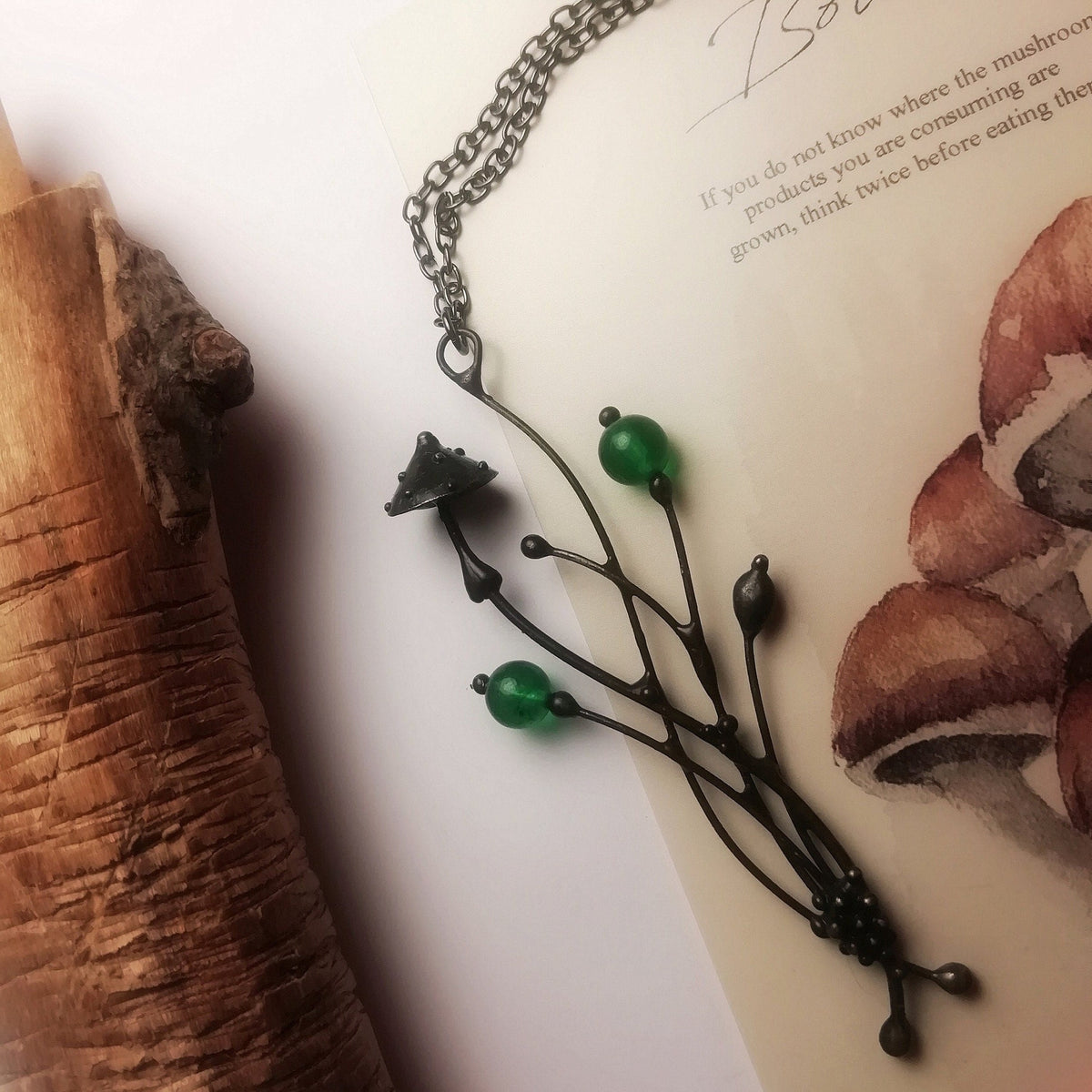 Green Glass Mushroom Pendant Necklace – Blackened Copper Forest – Botanical