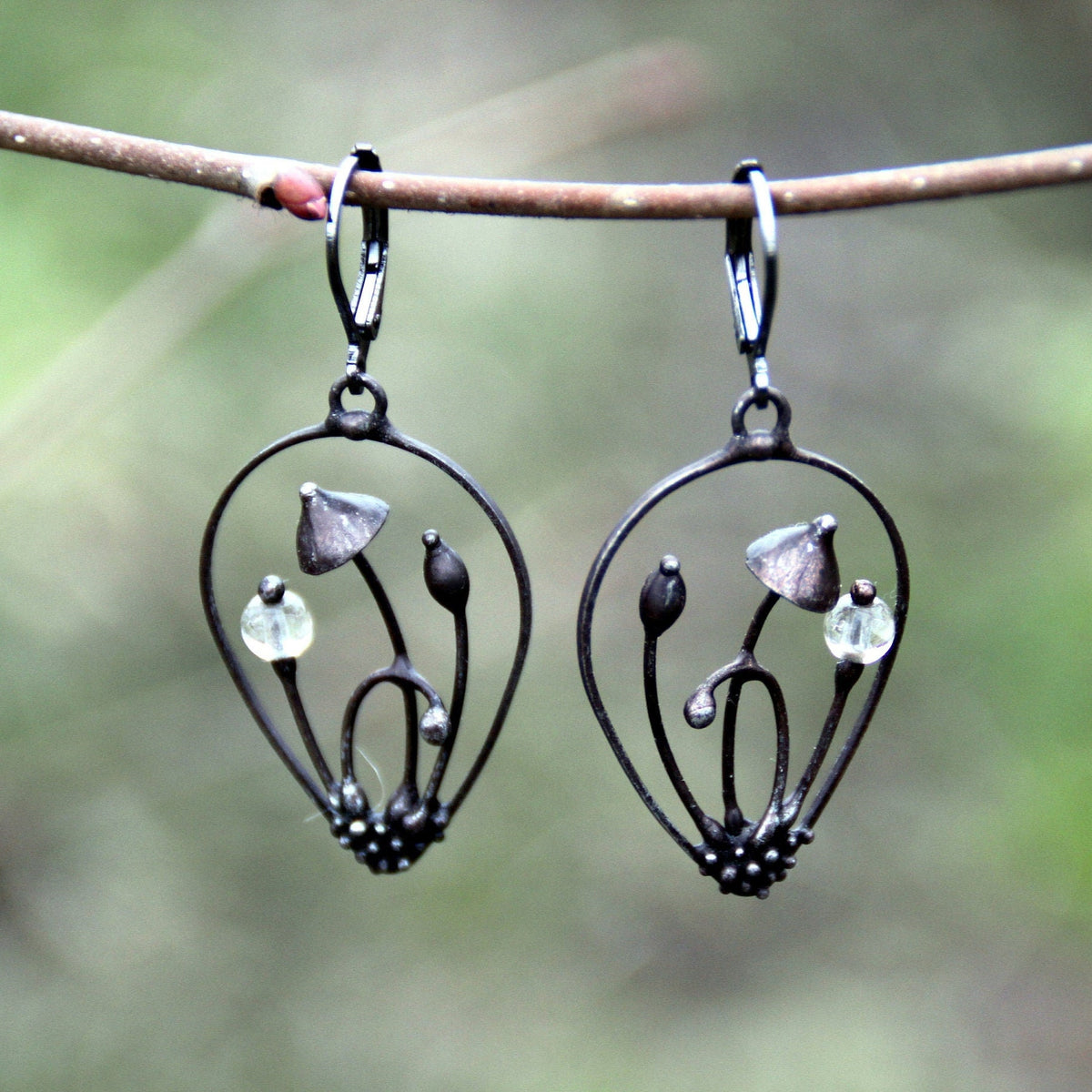 Clear Glass Mushroom Earrings – Blackened Copper Teardrop Dangles – Botanical Forest