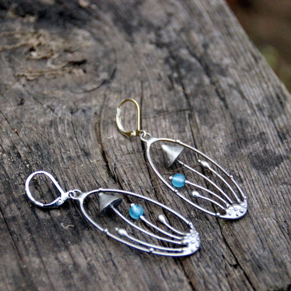 Blue Glass Mushroom Earrings – Silver Tone