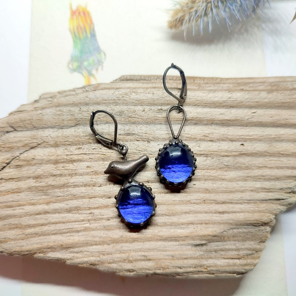 Cobalt Blue Glass Asymmetrical Bird Earrings – Blackened Copper