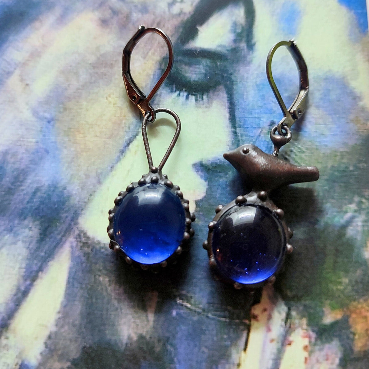 Cobalt Blue Glass Asymmetrical Bird Earrings – Blackened Copper