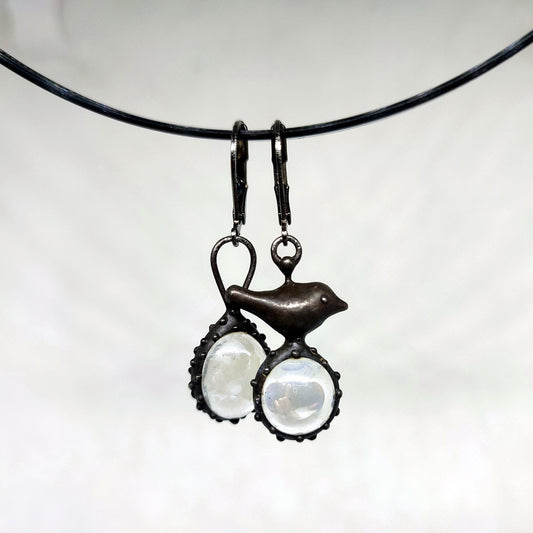 Clear Glass Asymmetrical Bird Earrings – Blackened Copper