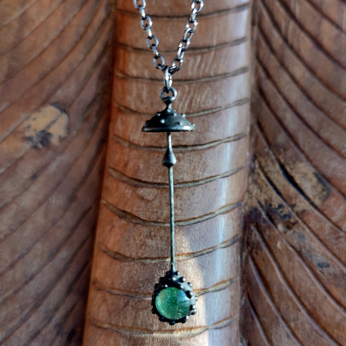 Green Glass Amanita Mushroom Necklace – Blackened Copper Long Stem Pendant – Forest