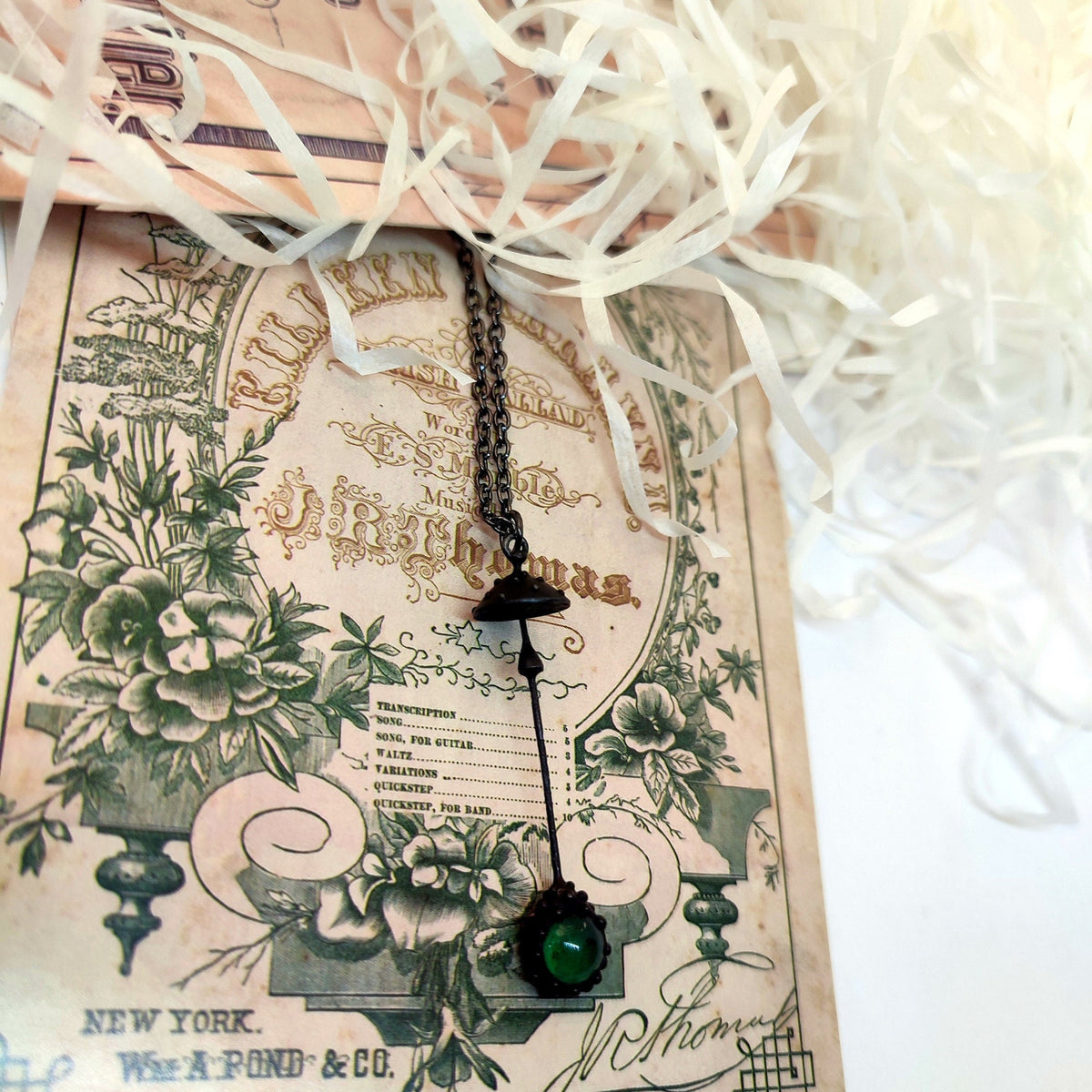 Green Glass Amanita Mushroom Necklace – Blackened Copper Long Stem Pendant – Forest