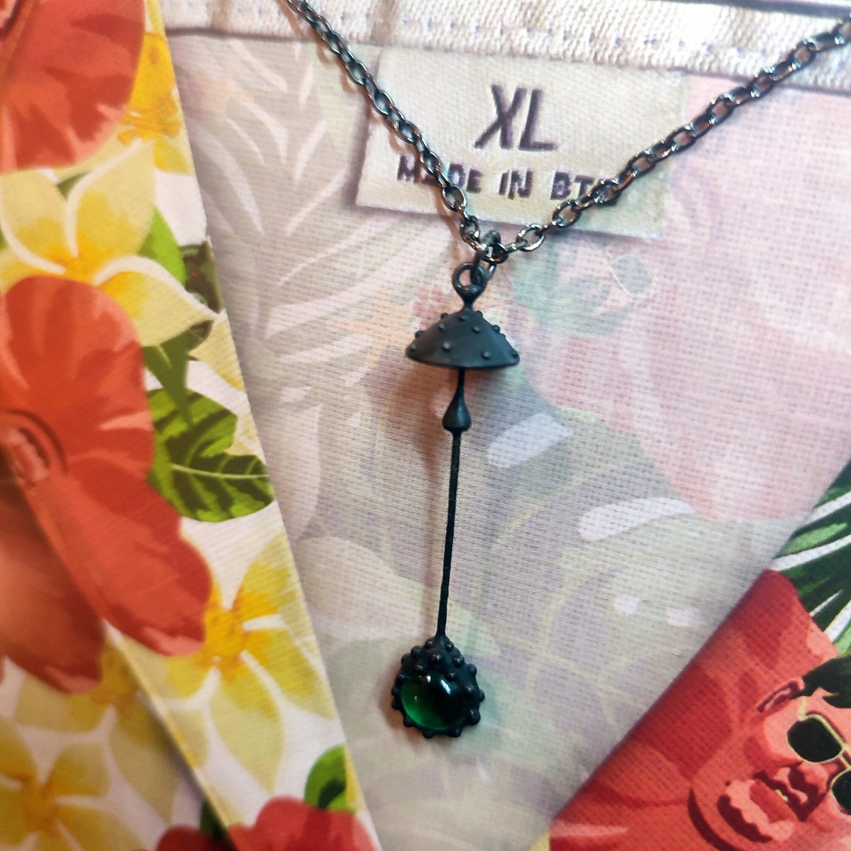 Green Glass Amanita Mushroom Necklace – Blackened Copper Long Stem Pendant – Forest
