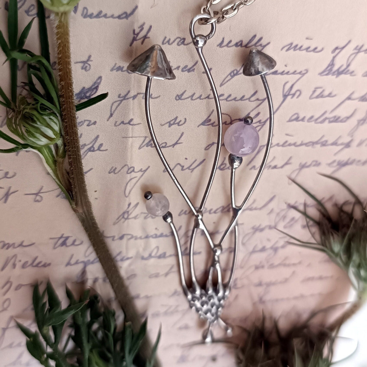 Rose Quartz Mushroom Necklace – Silver Tone