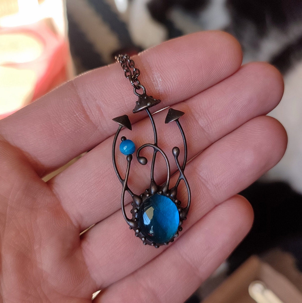 Blue Glass Amanita Mushroom Necklace – Blackened Copper & Pewter Forest Pendant