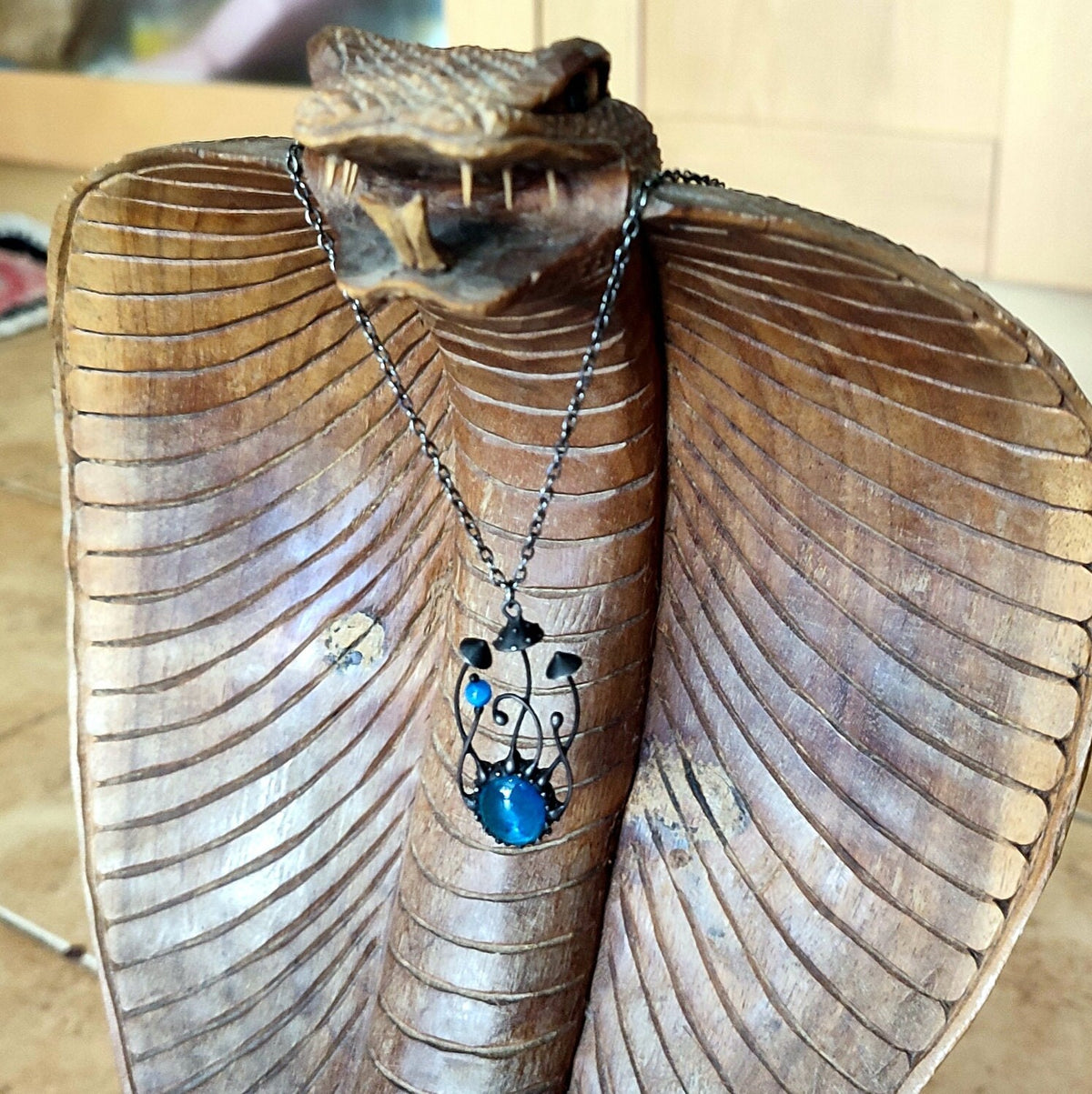 Blue Glass Amanita Mushroom Necklace – Blackened Copper & Pewter Forest Pendant