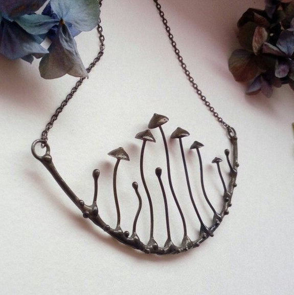 Large Mushroom Arc Necklace – Blackened Copper & Pewter Forest Collar – Sculptural Botanical