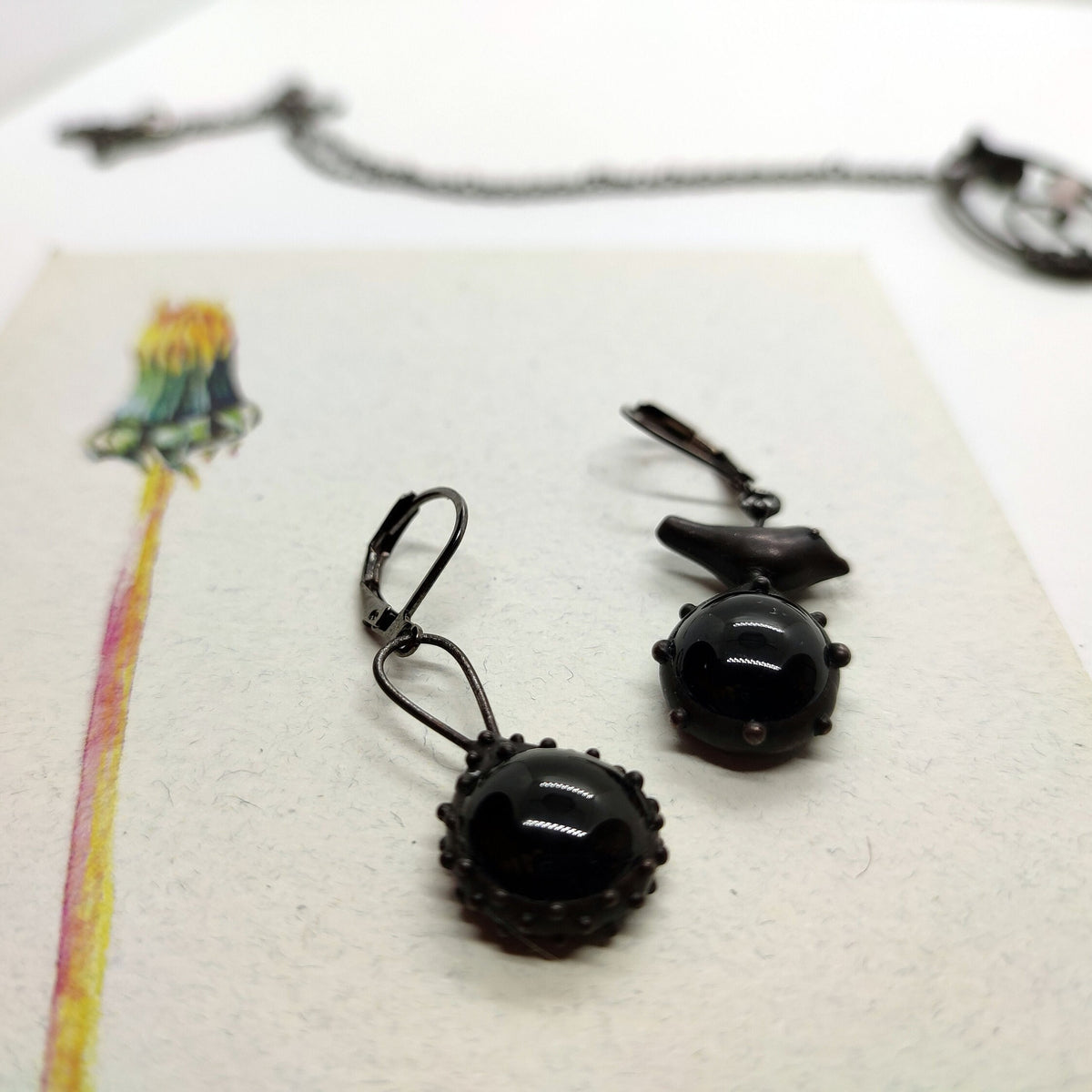 Black Glass Asymmetrical Bird Earrings – Blackened Copper