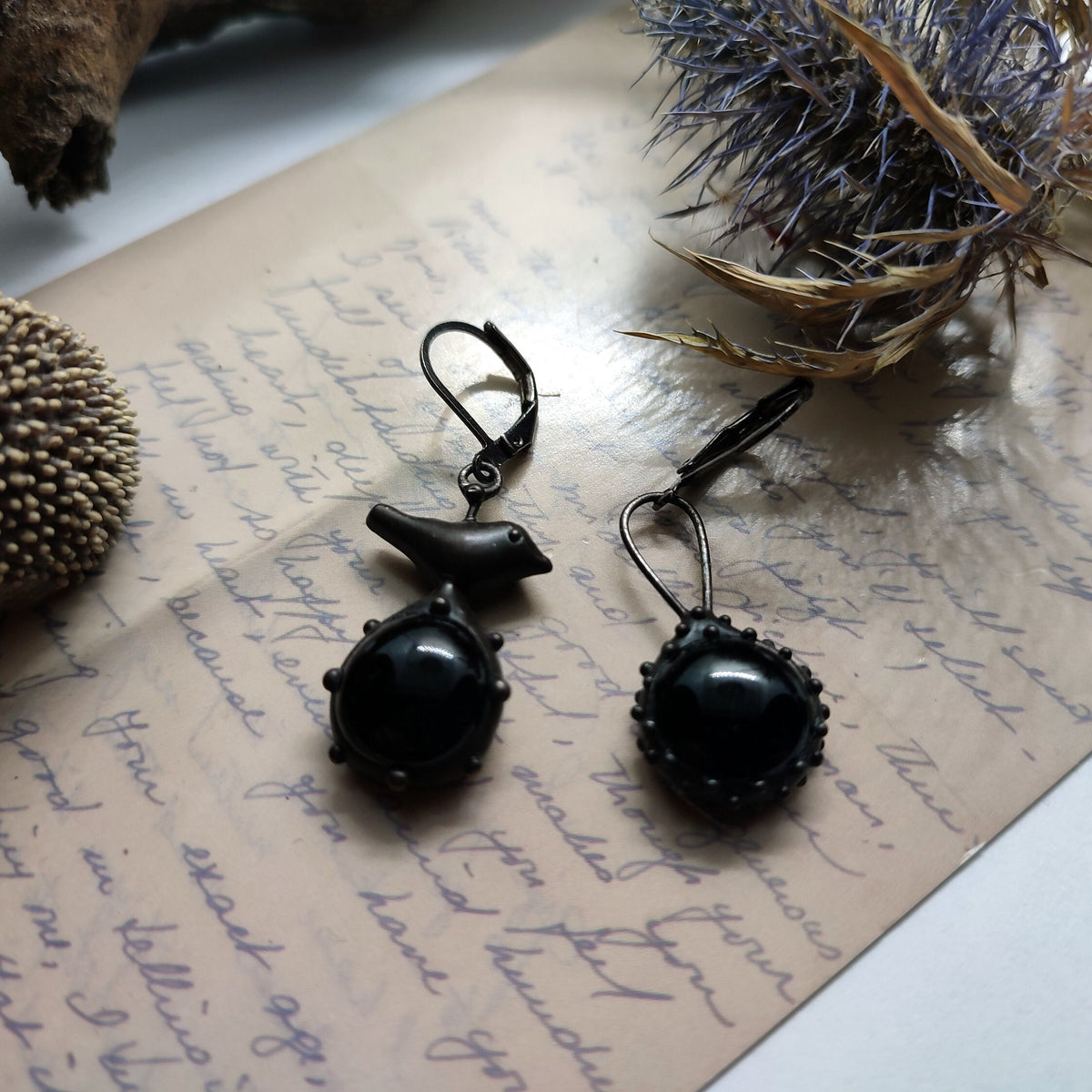 Black Glass Asymmetrical Bird Earrings – Blackened Copper
