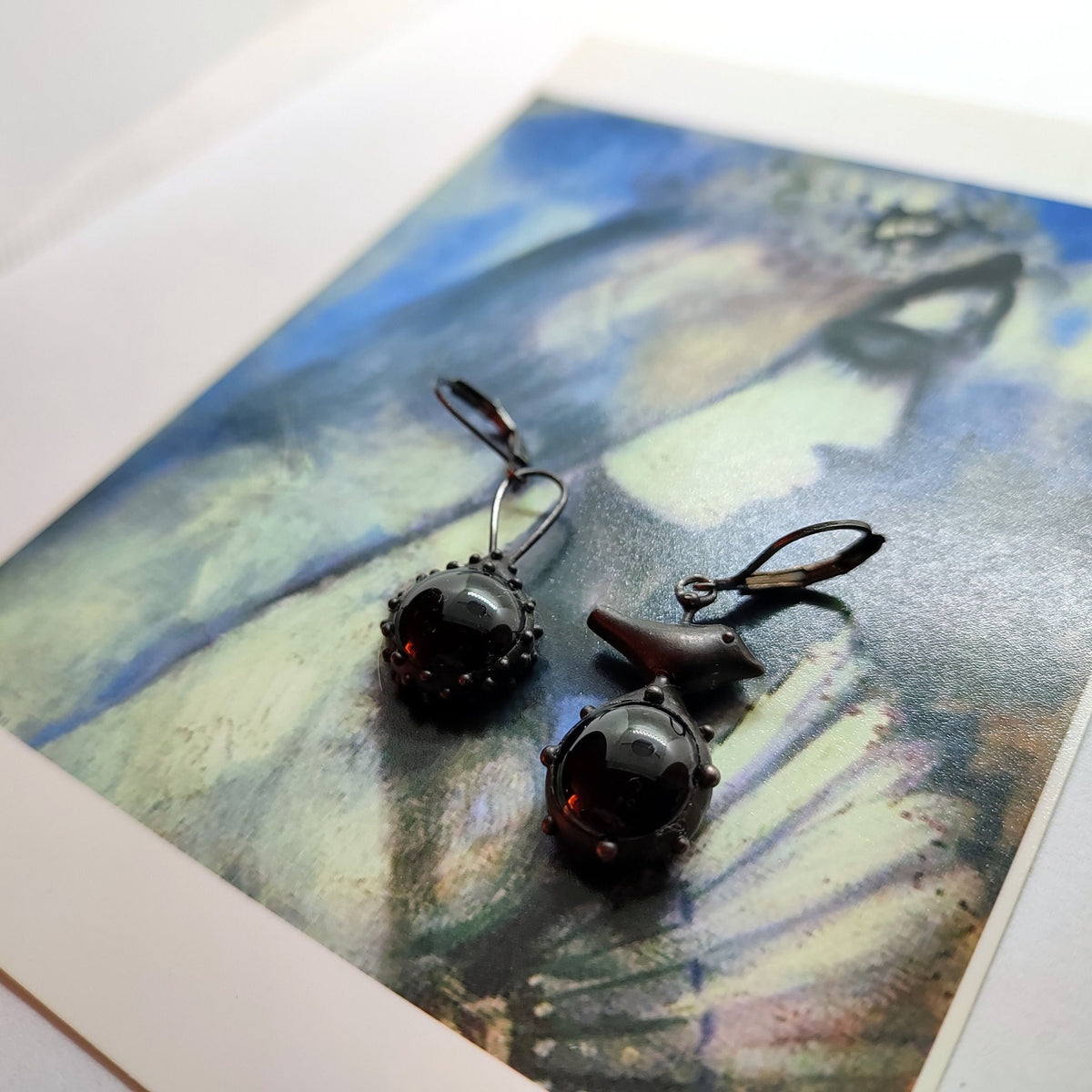 Black Glass Asymmetrical Bird Earrings – Blackened Copper