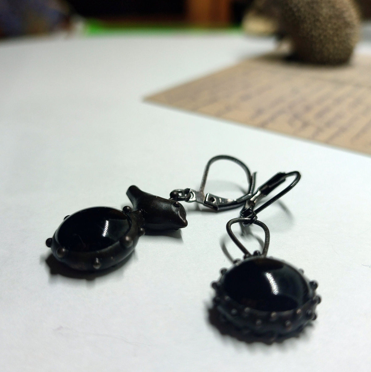 Black Glass Asymmetrical Bird Earrings – Blackened Copper