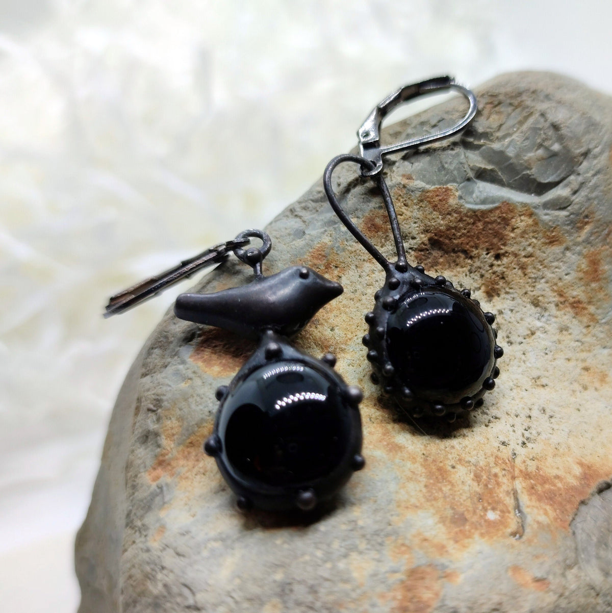 Black Glass Asymmetrical Bird Earrings – Blackened Copper